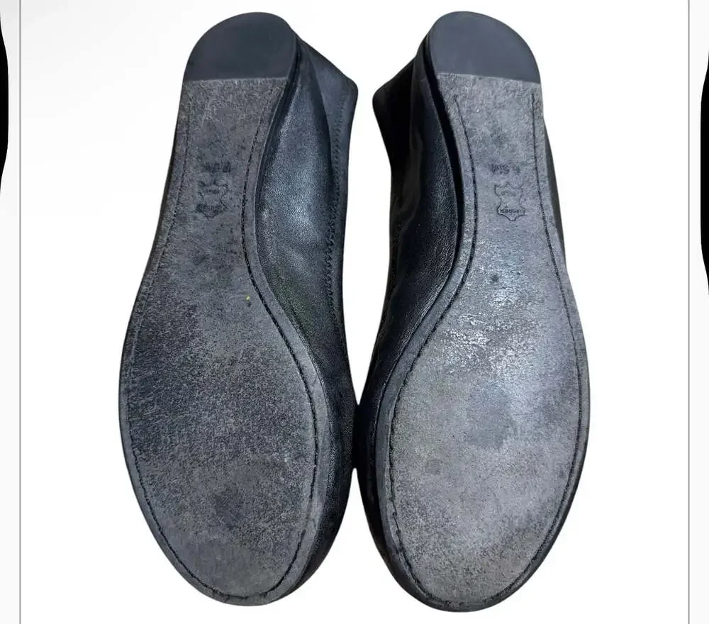 Tory Burch Black Leather Ballet Flats with Crystal Logo Medallion